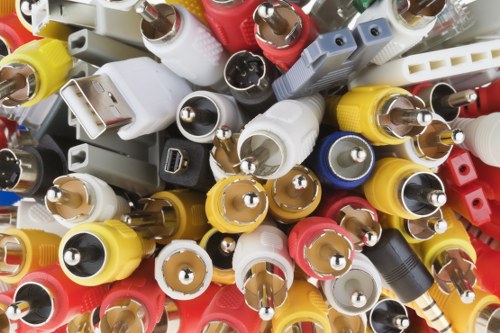 A close-up image of a large collection of various electrical plug tops and adapters, predominantly made of plastic, in colors including white, black, red, yellow, and grey. The plug heads are arranged in a haphazard manner, with some overlapping and pointing in different directions, revealing metal prongs and connectors. The textured plastic surfaces exhibit a matte or slightly glossy finish. The background is not visible, focusing solely on these electrical components. This collection of electrical plugs and adapters is situated in an indoor environment, likely representing waste or rubbish for disposal or recycling, typical of a waste management company like Office Clearance Morden operating in Morden or the surrounding areas. The image visually supports rubbish removal services by showcasing electrical waste components that are part of bulk clearance or disposal tasks performed by the company.